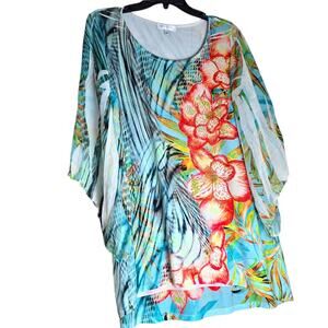 Cover Charge Tunic Women XL Blue Floral Sheer Kaftan Top Made in USA Boho Beach